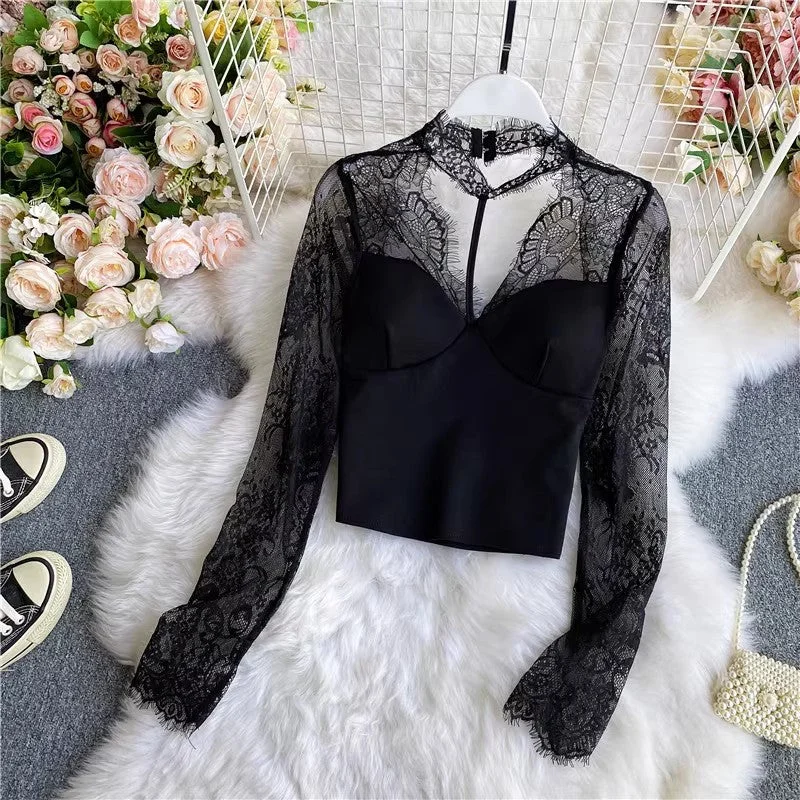 trendy jacketsexy see-through halter neck lace shirt for women      S3889