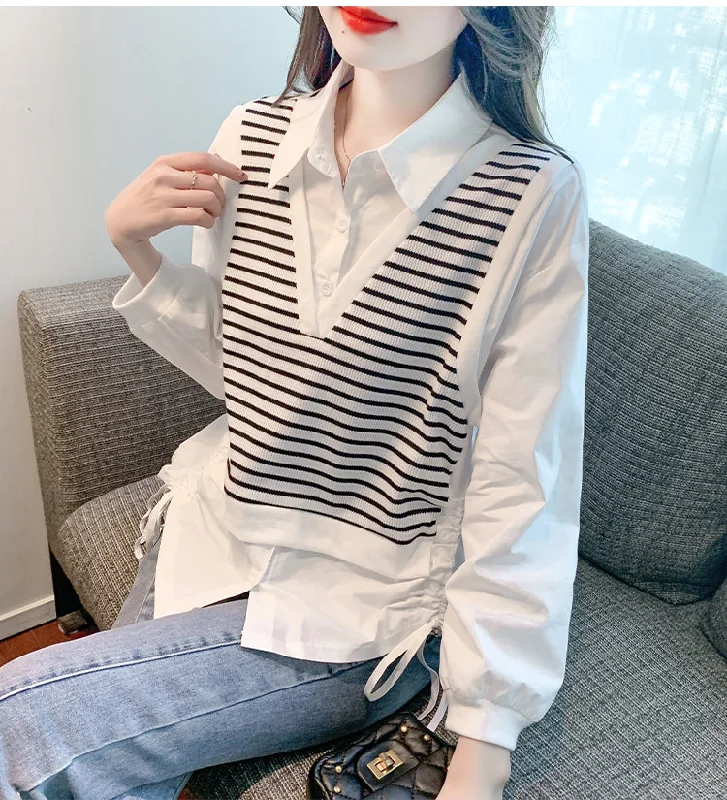 classic zip-up coatStriped stitching women's long-sleeved shirt women's two-piece top     S3422