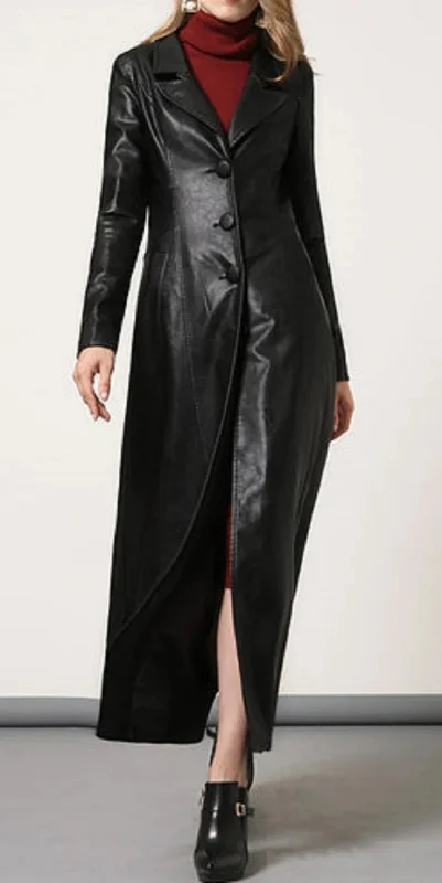 elegant coatWomen's Black Real Leather Trench Long Overcoat