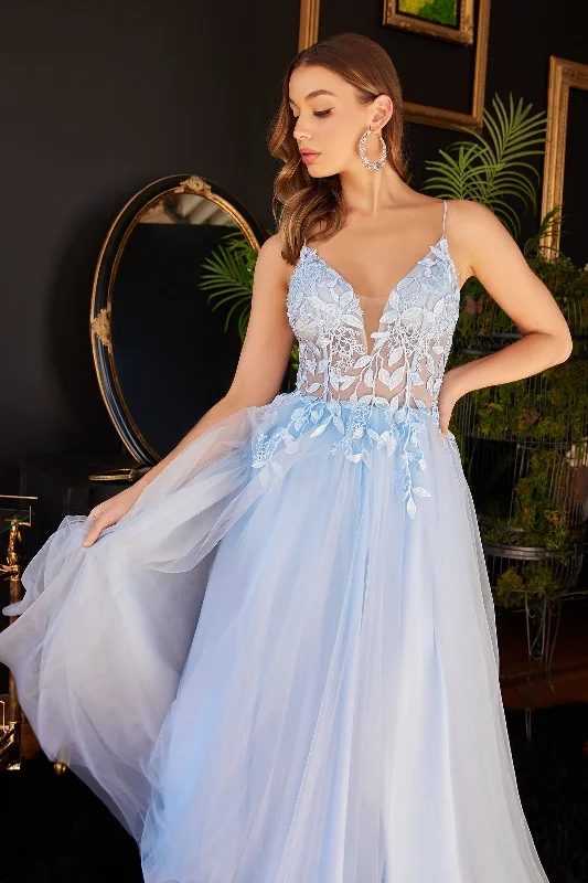 midi dressLayered Tulle A-Line Floral Vintage Sheer V-neck Spaghetti Strap Long Prom Dress CDCD2214