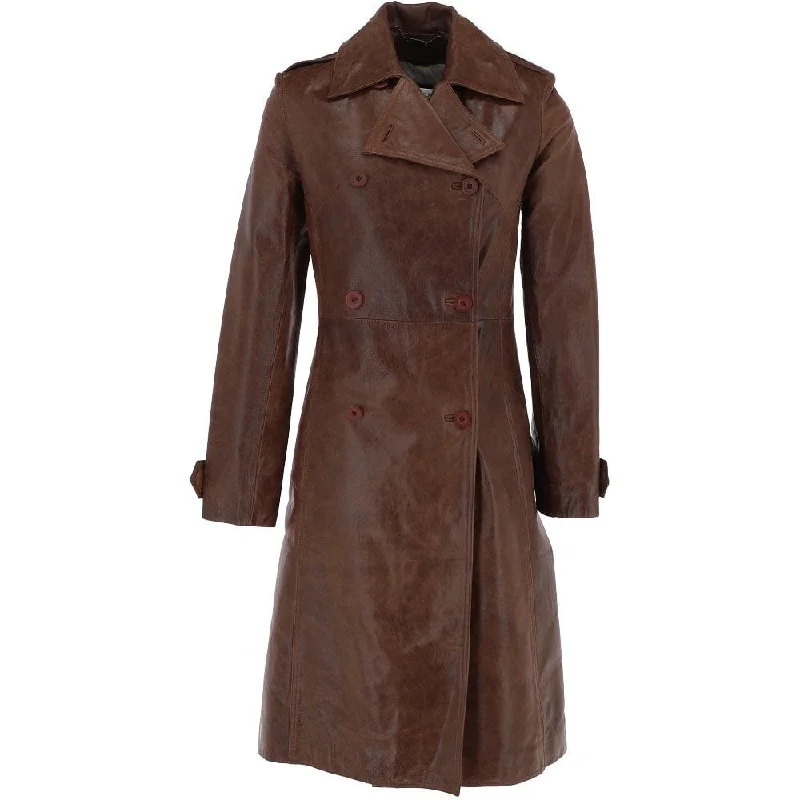 high-quality coatWomen's 3-4 Double Breasted Mid Brown Leather Trench Long Overcoat