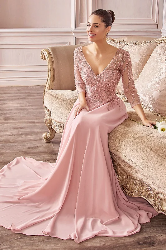 trendy mini dressFlowy Chiffon A-line 3/4 Sleeves Embellished Bodice Long Mother Of The Bride Dress CDCD0171