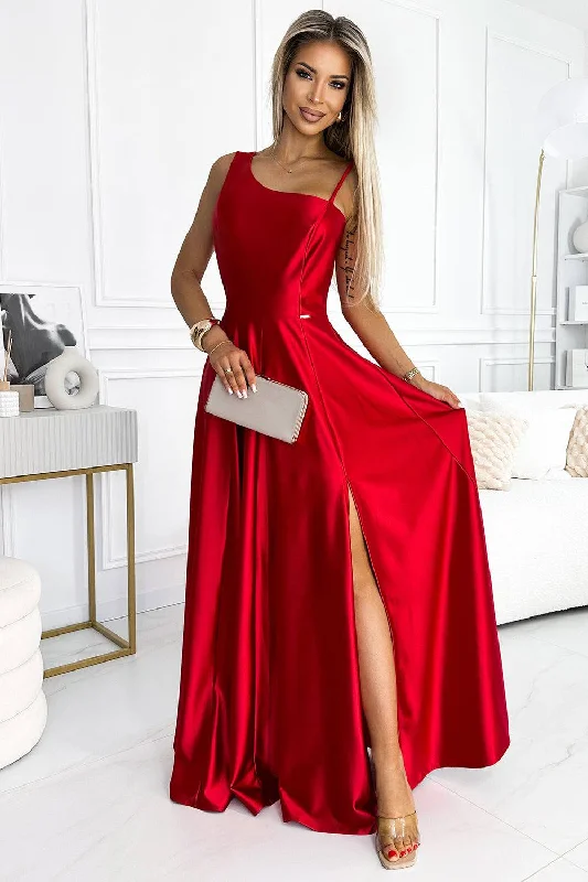 silk dressNumoco 524-1 Long elegant satin one-shoulder dress - red