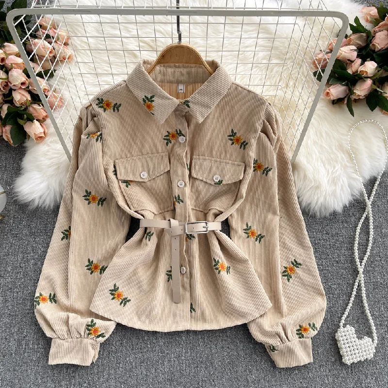 stylish peacoatLovely corduroy embroidered long-sleeved shirt    S517