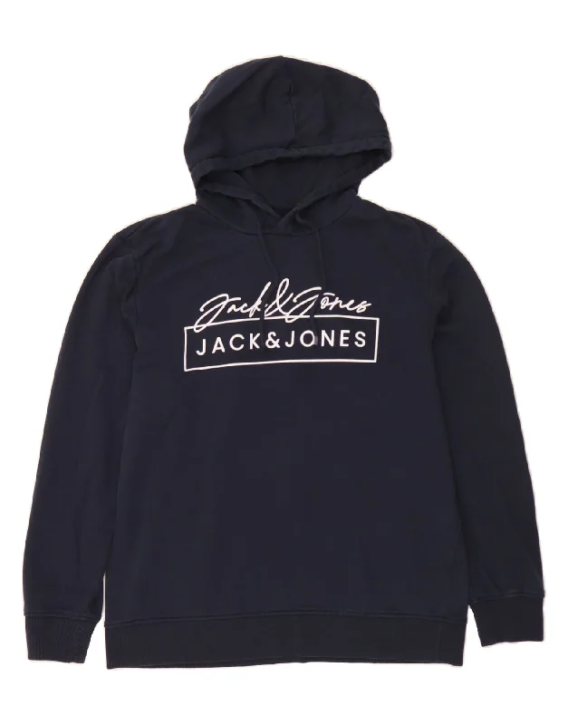 JACK & JONES Mens Graphic Hoodie Jumper Large Navy Blue Cotton