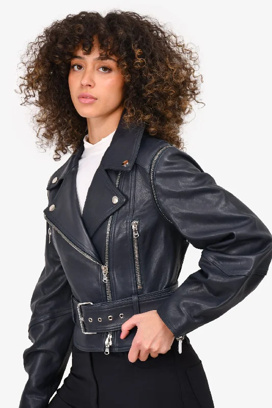 vintage trench coatVeronica Beard Blue 'Dylan' Leather Jacket with Detachable Sleeves Size 4