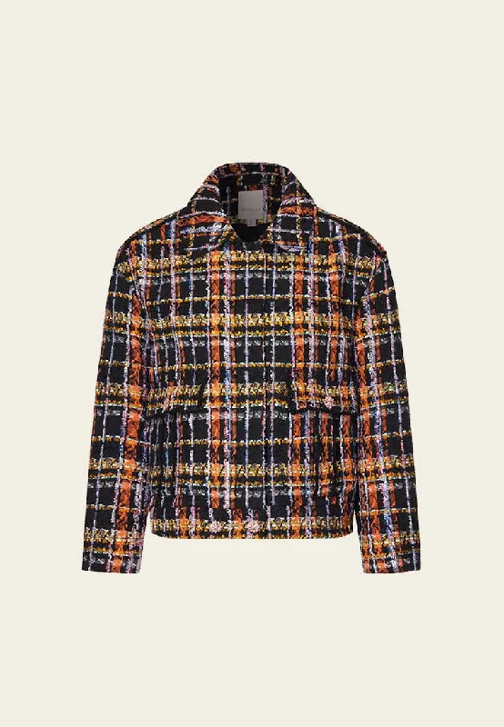 chic padded coatOrange Plaid Tweed Short Jacket with Collar