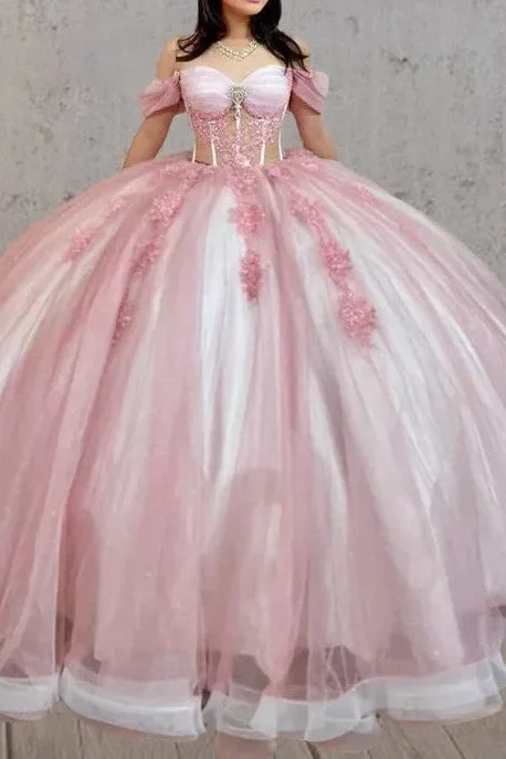 layered dressPink See-Through Off The Shoulder Quinceanera Dresses with Appliques