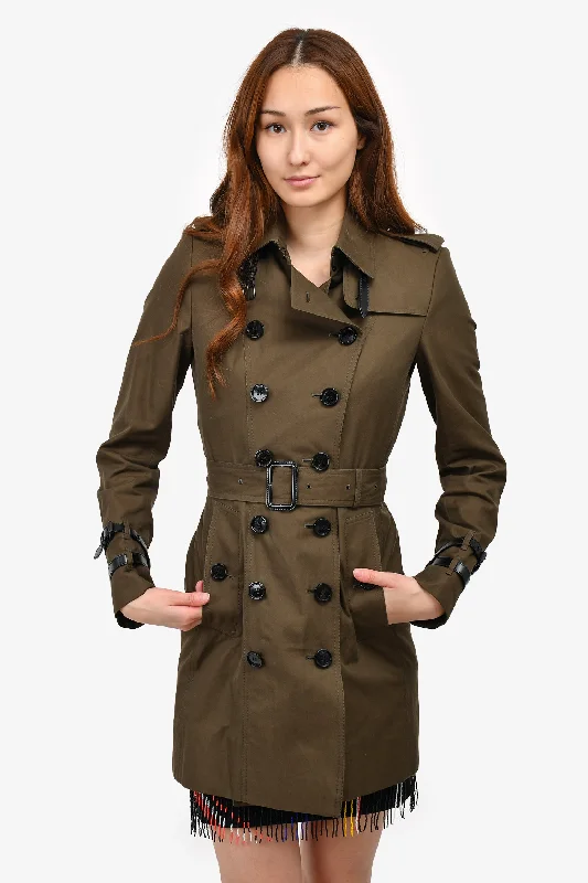 fashionable outerwearBurberry London Dark Green Leather Detail Trench Coat Size 6