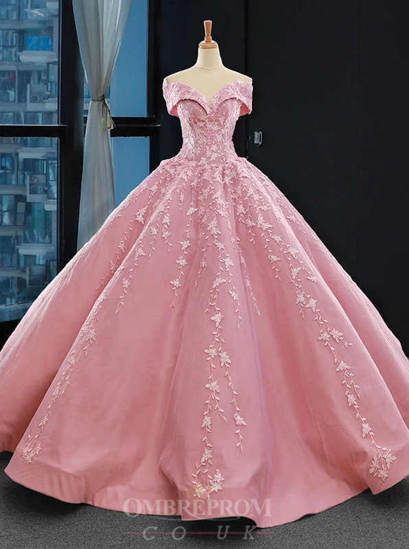 stylish party dressPrincess Pink Ball Gown Off-the-Shoulder Appliques Prom Dress OP793