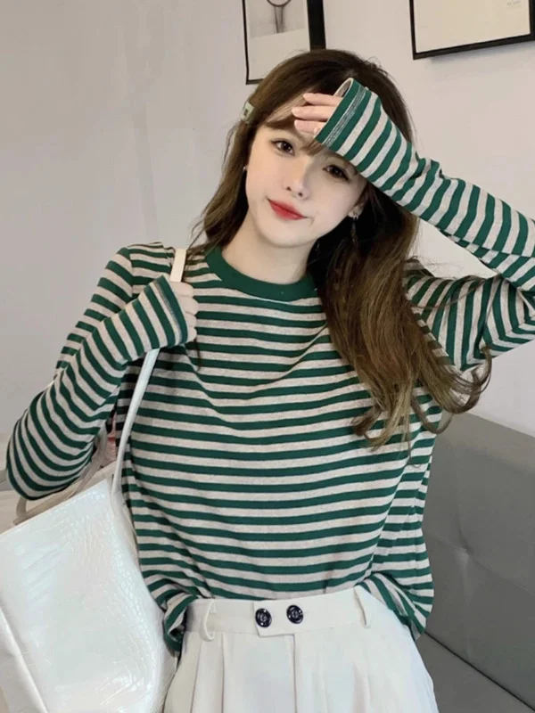 comfortable outerwearStriped long-sleeved t-shirt women's top       S3420