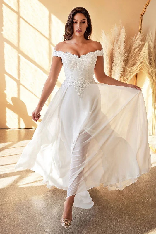 backless dressOff Shoulder Floral Bodice Appliqued Embroidered Top Cap Sleeves A-line Long Wedding Dress CD7258W