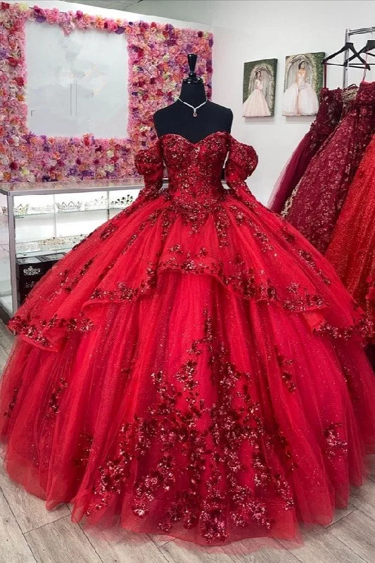 formal dressLong Sleeves Sweetheart Off The Shoulder Red Quinceanera Dresses