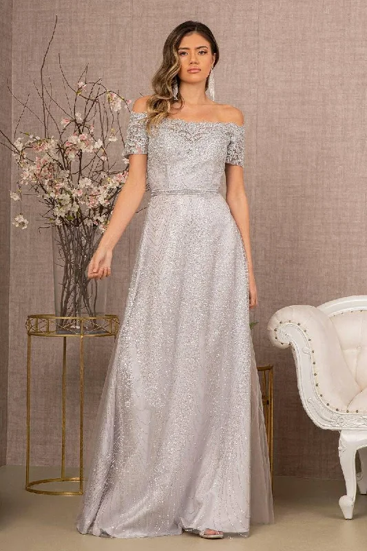 fitted dressGlitter Print Mesh Cut-Away Shoulder A-Line Long Mother Of The Bride Dress GLGL2942 Sale