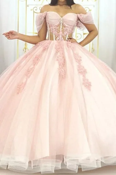 printed dressSee-through Pink Ball Gown Off The Shoulder Sweet 16 Dresses