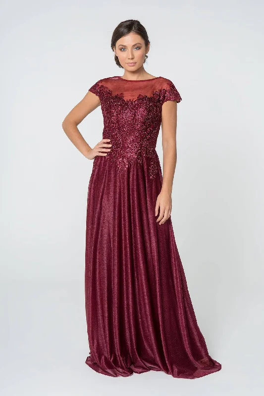 flowy evening dressJewel and Lace Embellished Cap Sleeve Long Mother Of The Bride Dress GLGL2828