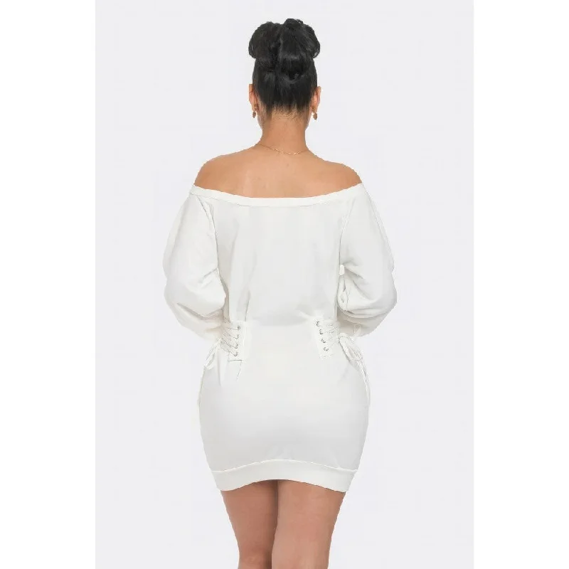 wool dressOff Shoulder Puff Sleeves Side Lace Up Detail Mini Dress