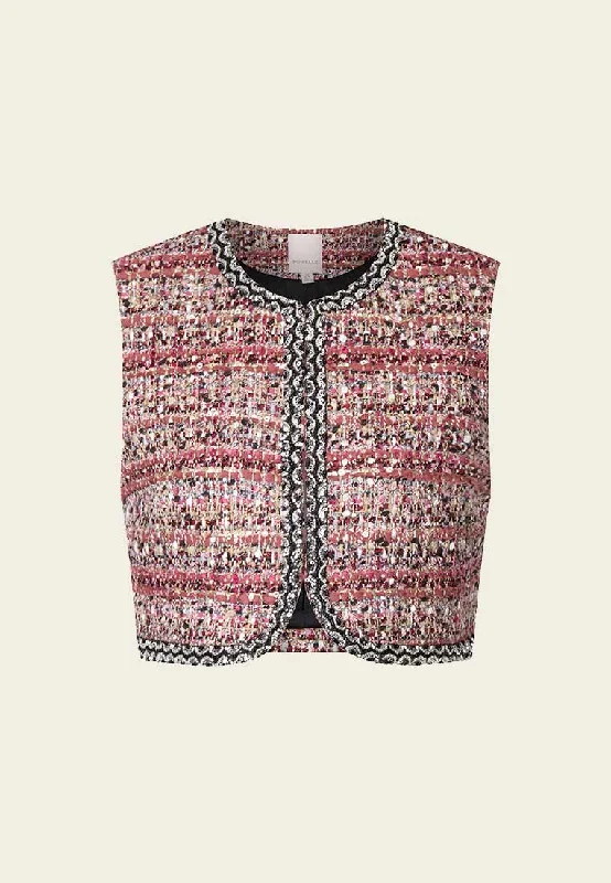 cold weather jacketRed Cropped Sequins Detailing Tweed Vest