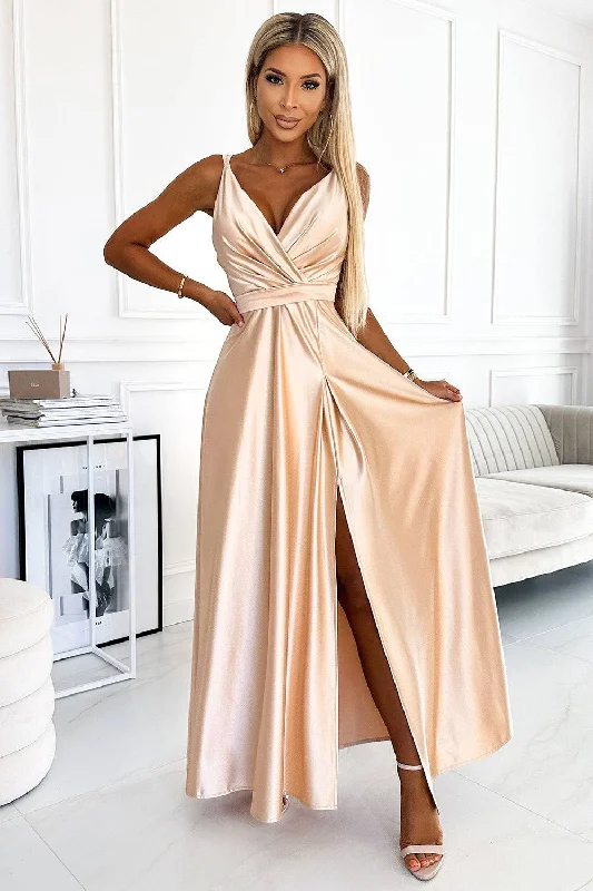 knit dressNumoco 498-5 Long satin dress with a neckline and double straps - golden