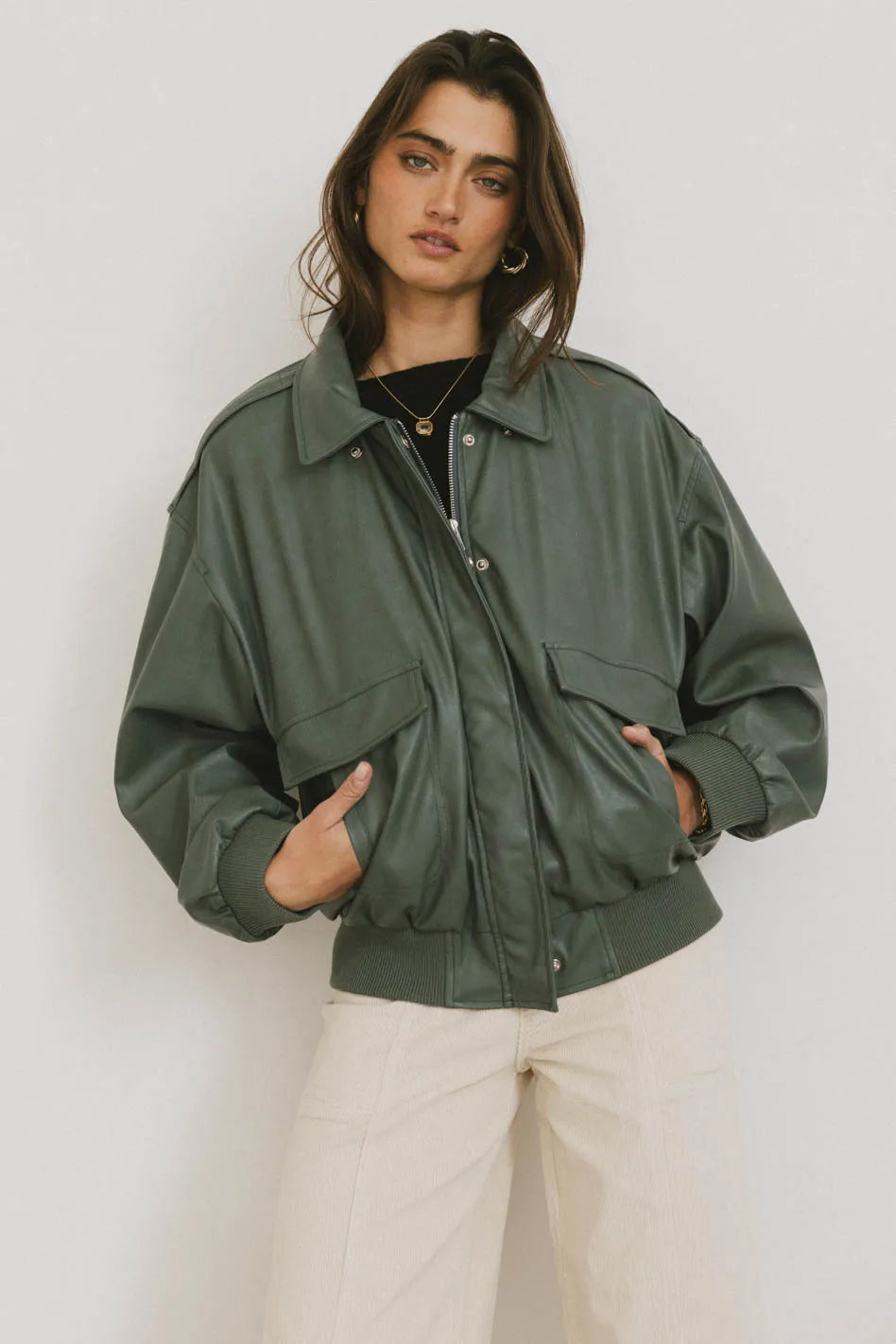 puffer jacketCall Me Back Vegan Jacket in Olive - FINAL SALE