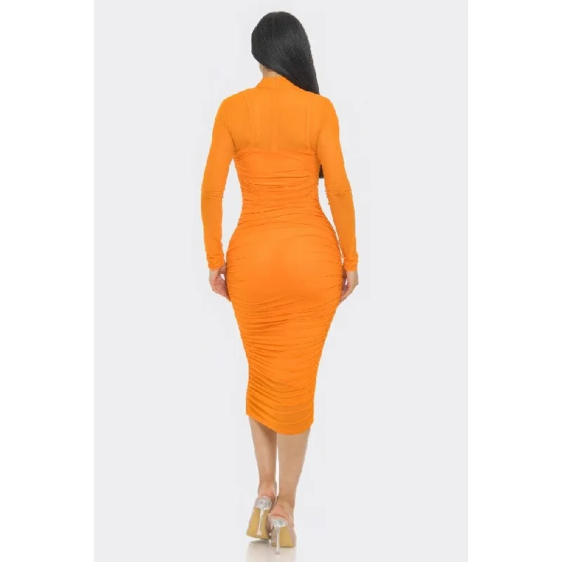 casual slip dressLong Sleeves With Back Zip Closure Solid Mesh Ruched Midi Dress