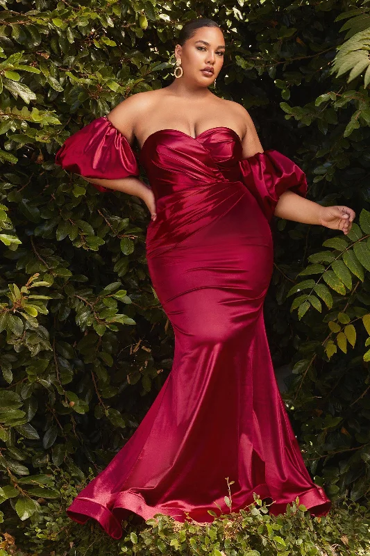 stylish party dressPlus Size Puff Sleeves Satin Curve Gathered Wrapped Sweetheart Open Back Long Prom Dress CDCD983C