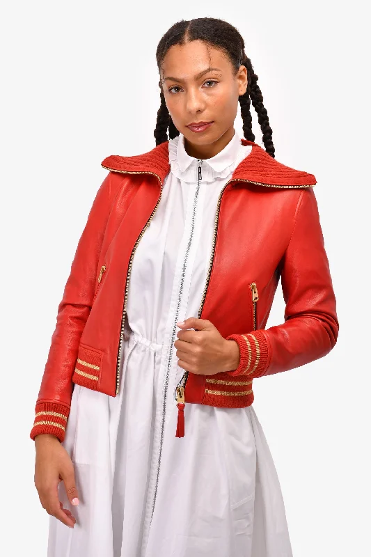 elegant coatMackage Brick Red Leather 'Krysta' Jacket with Knit Trim Size S