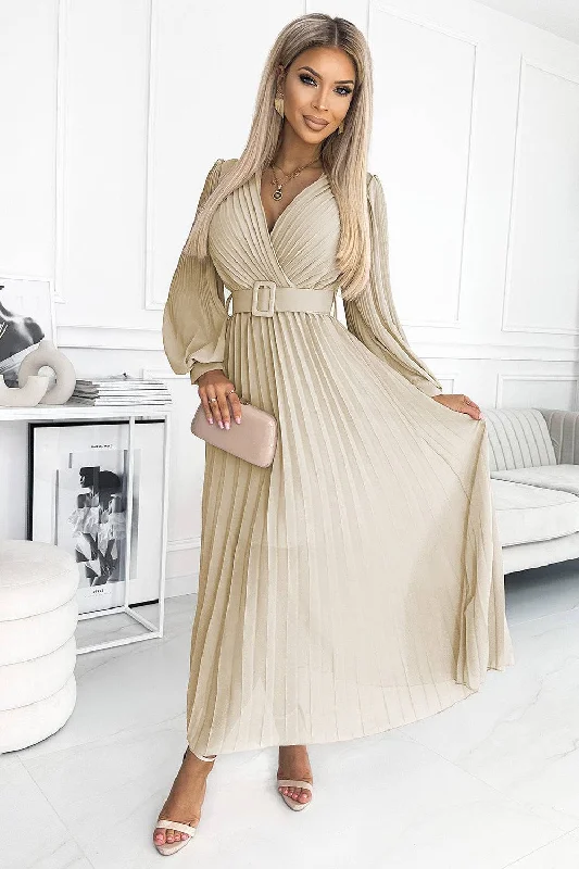 pleated maxi dressNumoco Basic 414-8 KLARA pleated dress with a belt and a neckline - beige