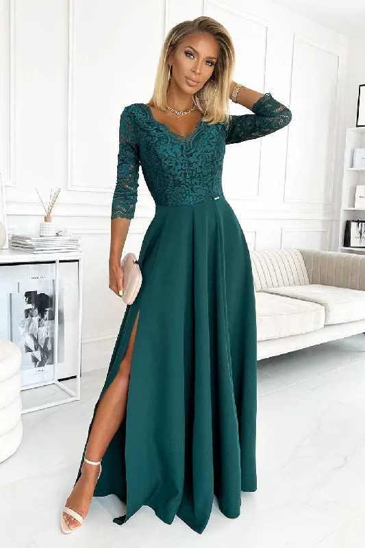 office dressNumoco 309-5 AMBER elegant lace long dress with a neckline - green