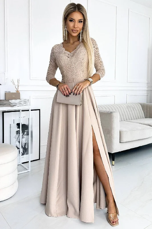 pleated maxi dressNumoco 309-10 AMBER lace, elegant long dress with a neckline and leg slit - beige