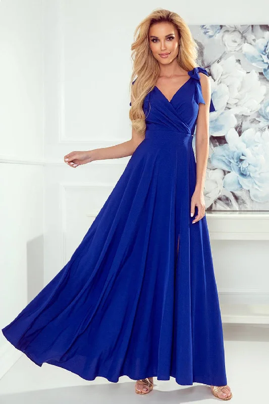 chic wrap dressNumoco 405-2 ELENA Long dress with a neckline and ties on the shoulders - blue