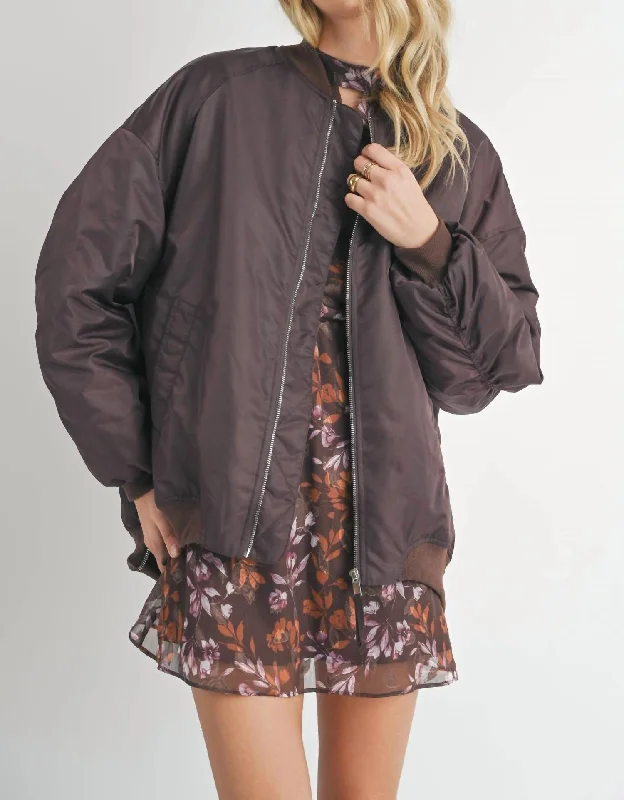 Mila Shirred Bomber Jacket In Chocolate