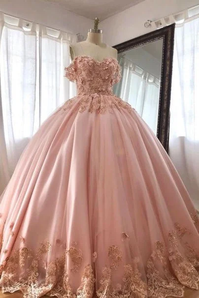 relaxed fit dressPink Off The Shoulder Appliques Lace-up Back Ball Gown