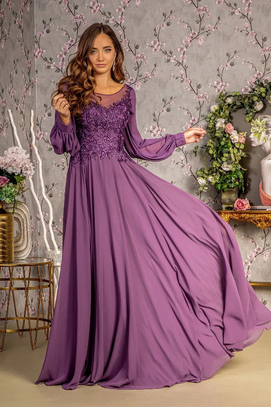 draped dressFloral Embroidery Sheer Boat Neckline Chiffon A-line Long Mother Of The Bride Dress GLGL3363