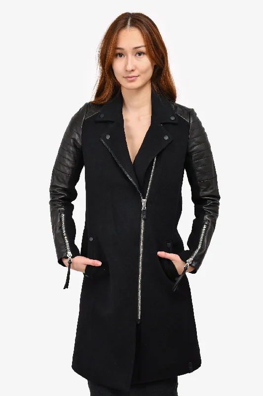 long-sleeve winter jacketRudsak Black Wool/Leather Biker Style Coat Size P/S