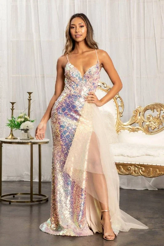 comfy dressFull Iridescent Sequin Cut-Out Back w/ Detachable Mesh Layer Long Prom Dress GLGL3026