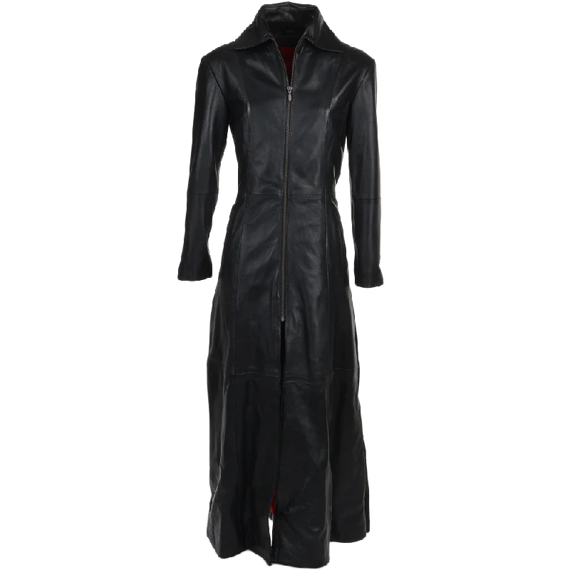 insulated coatWomen's Black Long Length Gothic Leather Trench Long Overcoat