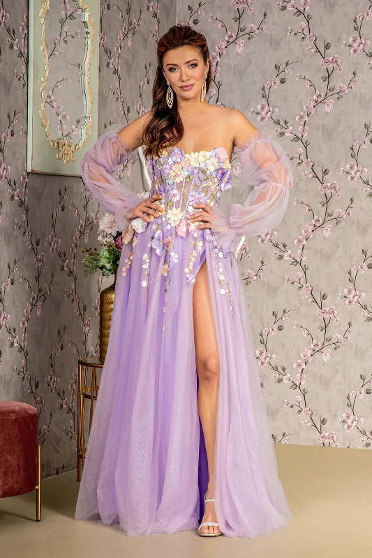 luxury dress3D Flower Glitter Mesh A-line Long Sleeves Long Prom Dress GLGL3233