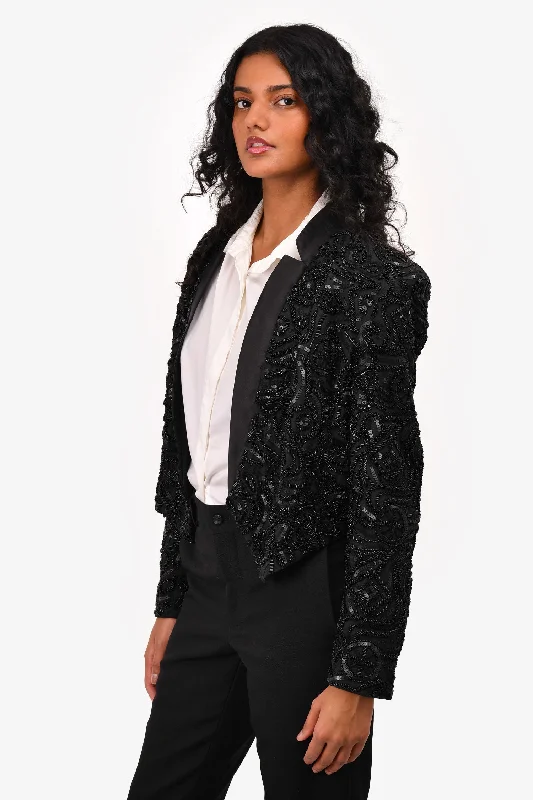 padded coatVeronica Beard Black Bead/Sequin Embellished 'Delony' Evening Jacket Size 6