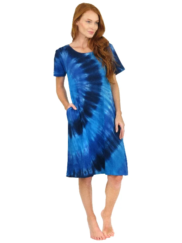 boho-chic dressLa Cera Cotton Knit Short Sleeve Denim Blue Tie-Dye Dress