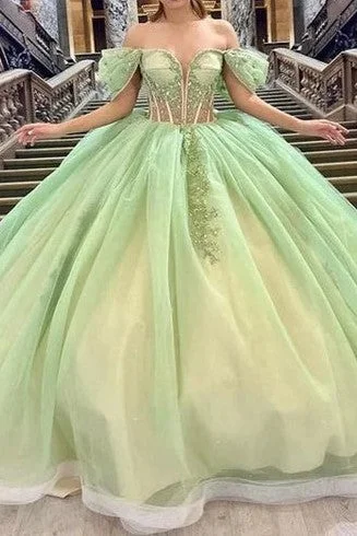 high-waisted dressOff The Shoulder Sage See Through Quinceanera Dress