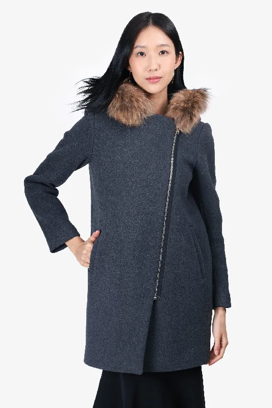 cold weather coatSandro Grey Wool/Racoon Fur Hooded Coat Size 38