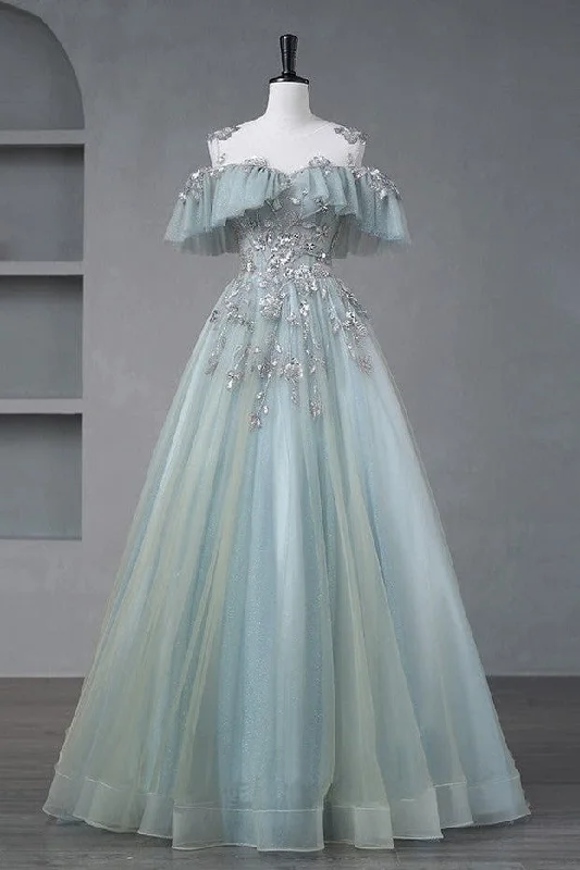 long-sleeve floral dressSheer Neck A-Line Tulle Quinceanera Dress Long Prom Dress