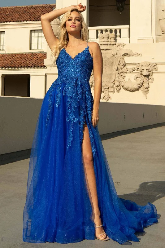 sophisticated dressV-Neck Embroidered Lace Tulle Skirt Slit Long Wedding & Prom Dress ACBZ014