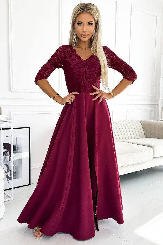 tiered dressNumoco 309-9 AMBER elegant long maxi dress with lace neckline - burgundy