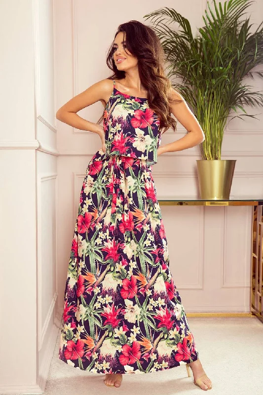 satin dressNumoco 294-1 A long summer dress with straps - red flowers