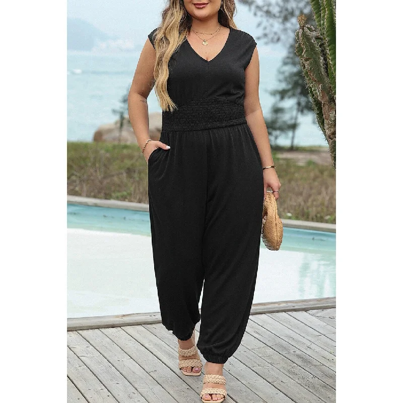 modern dressNovalee Plus Smocked High Waist Sleeveless V Neck Jumpsuit