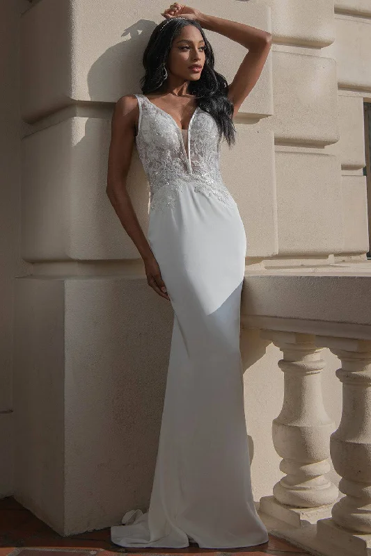 flowy maxi dressOpen V-Back Illusion V-Neck Mermaid Long Wedding Dress AC5030