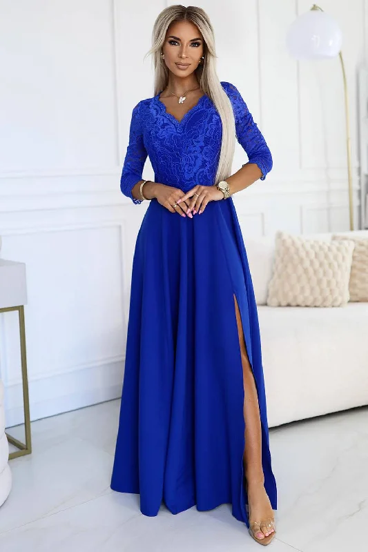 winter dressNumoco 309-12 AMBER elegant lace long dress with a neckline - Royal blue