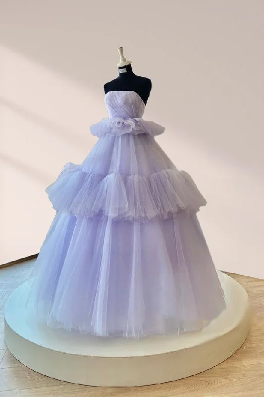 floral dressPrincess Lilac Strapless Prom Dress Pleated Tiered Ball Gown